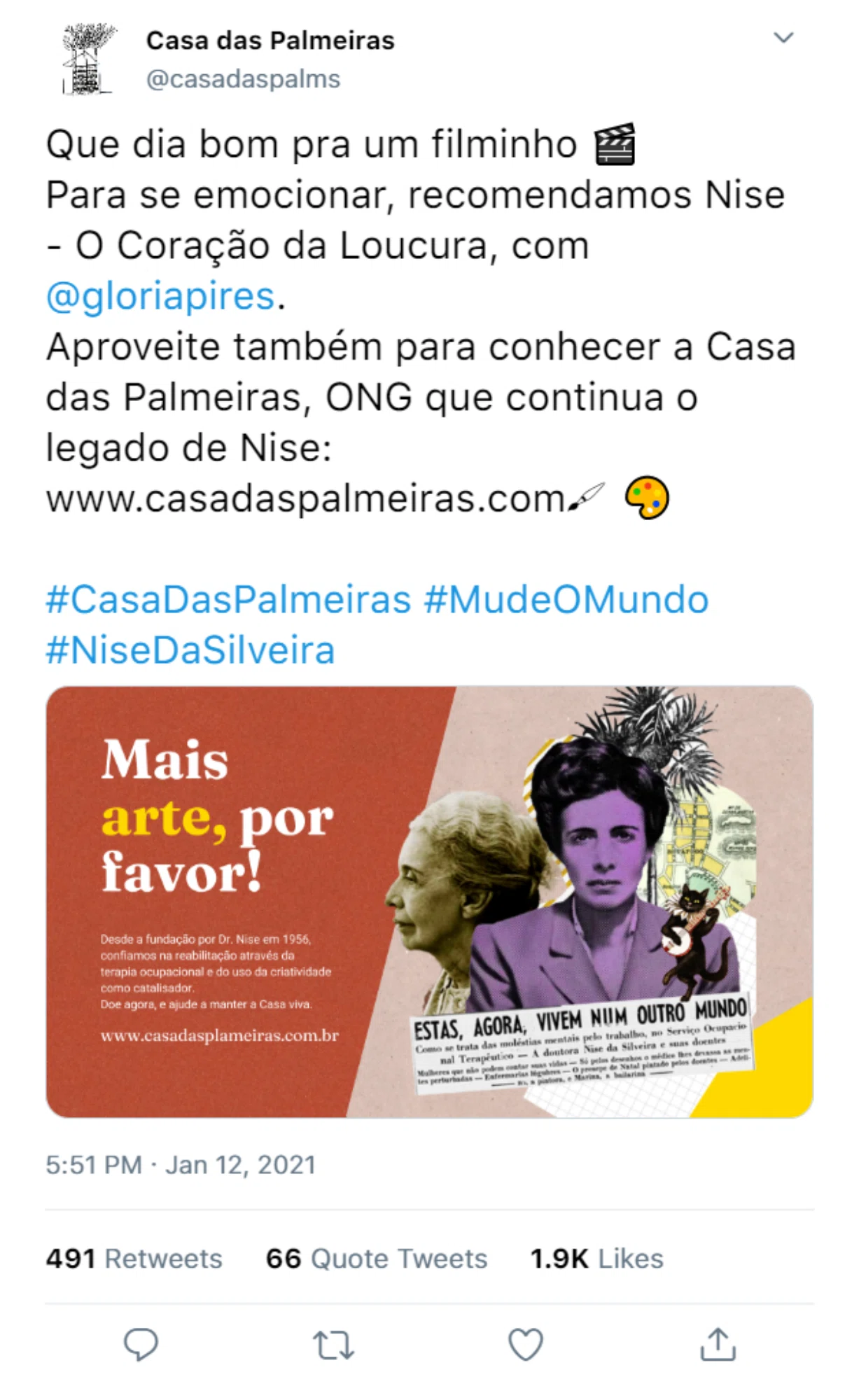 Twitter post connecting Casa das Palmeiras to the film Nise: O Coração da Loucura