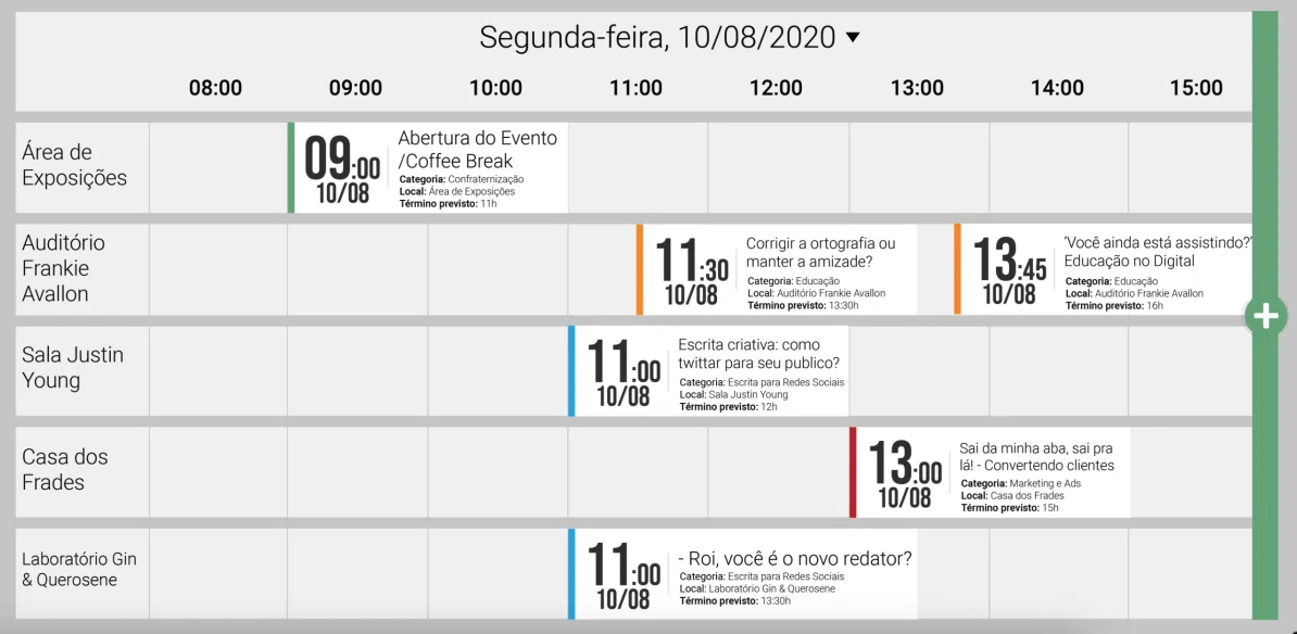 Galoa Science calendar grid with rooms as rows and time slots as columns