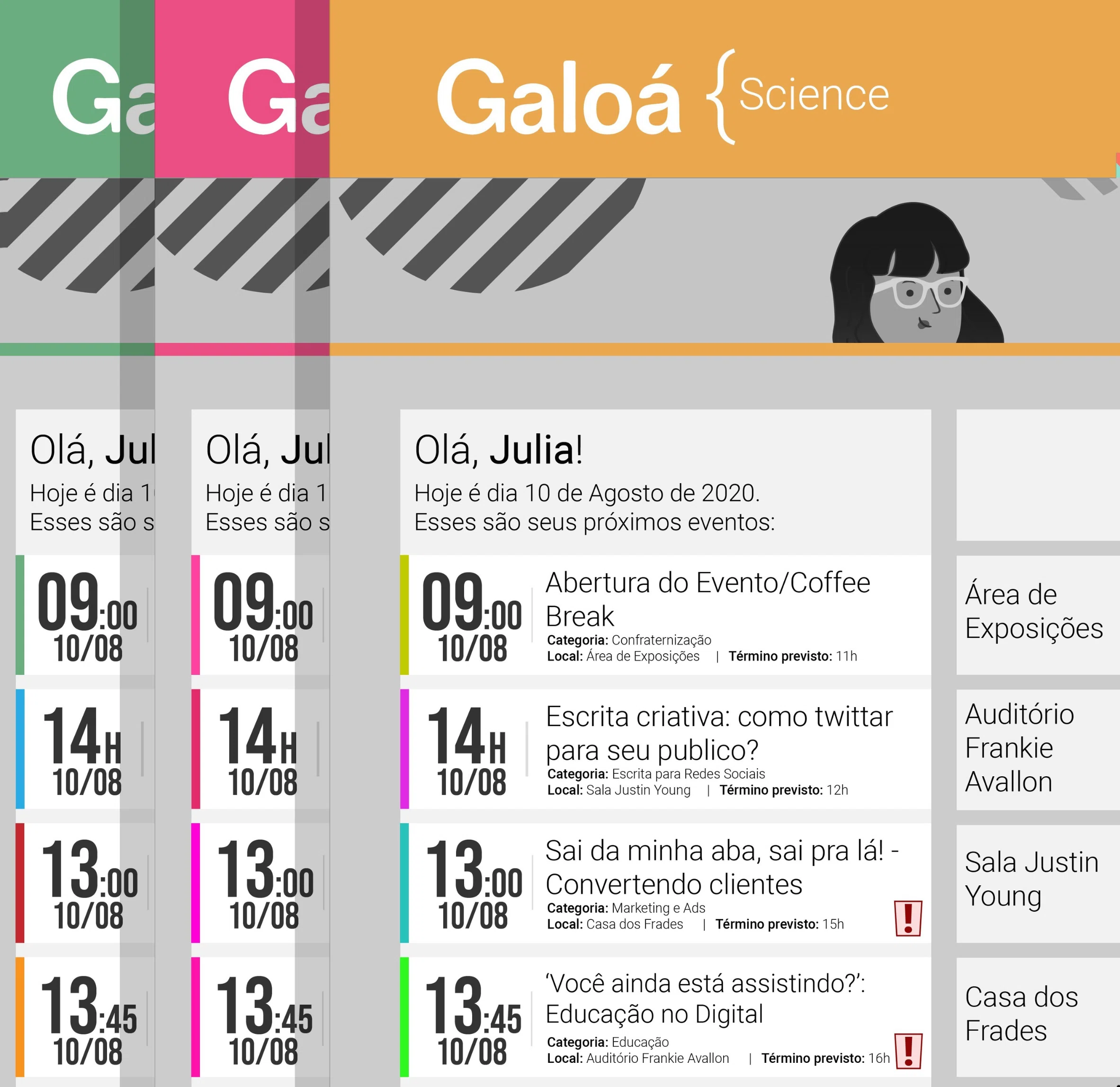 Galoa Science schedule interface tested with multiple event color palettes