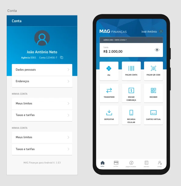 MAG Finances mobile product screens for account, card, and banking interactions